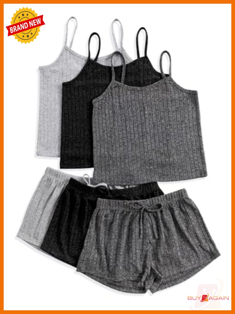 3 Sets Ribbed Pajamas Crop Top And Shorts Button Lounge Sleeveless Sleepwear
